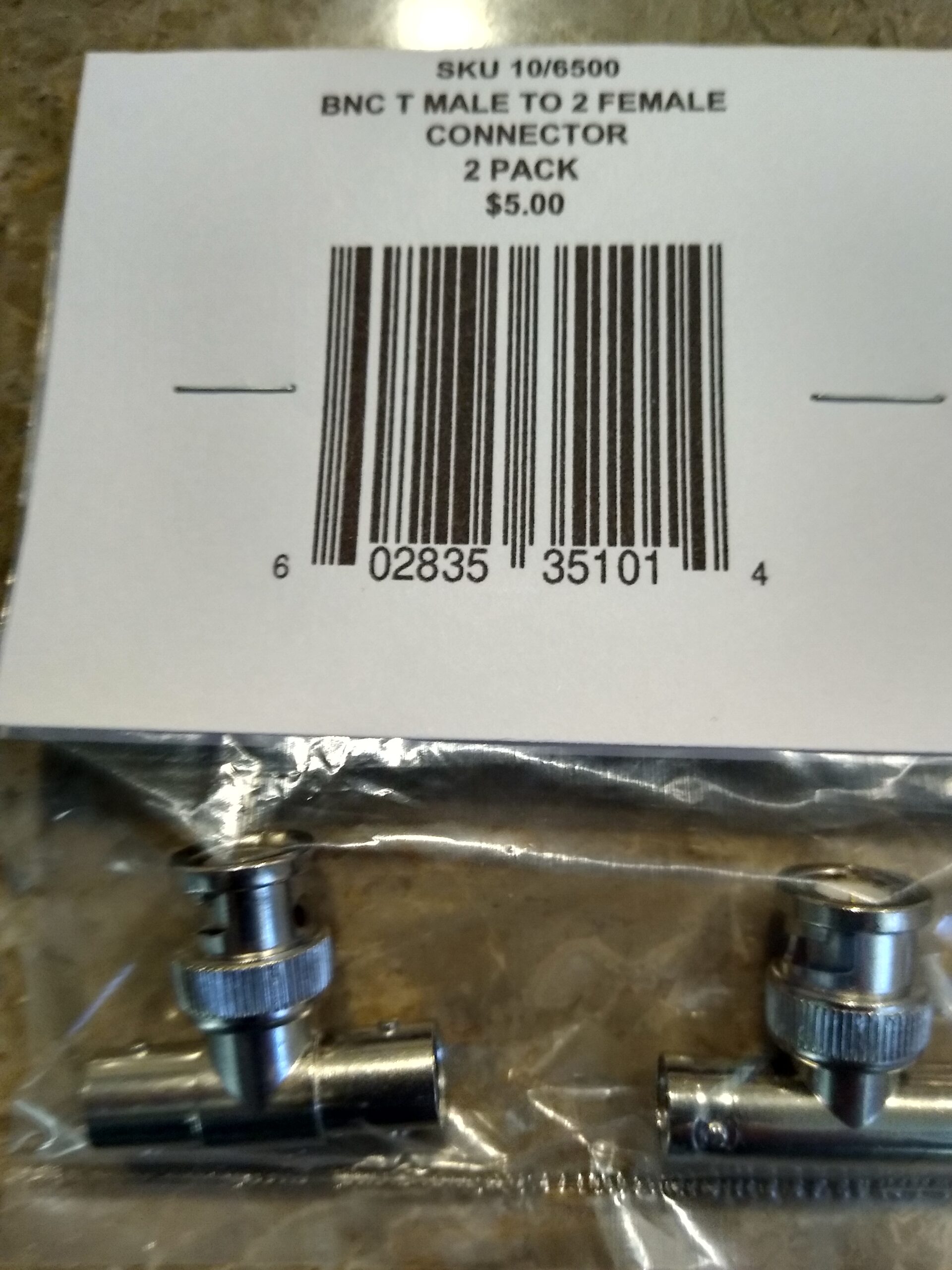 BNC T Connector Male To 2 Female (2 PK)
